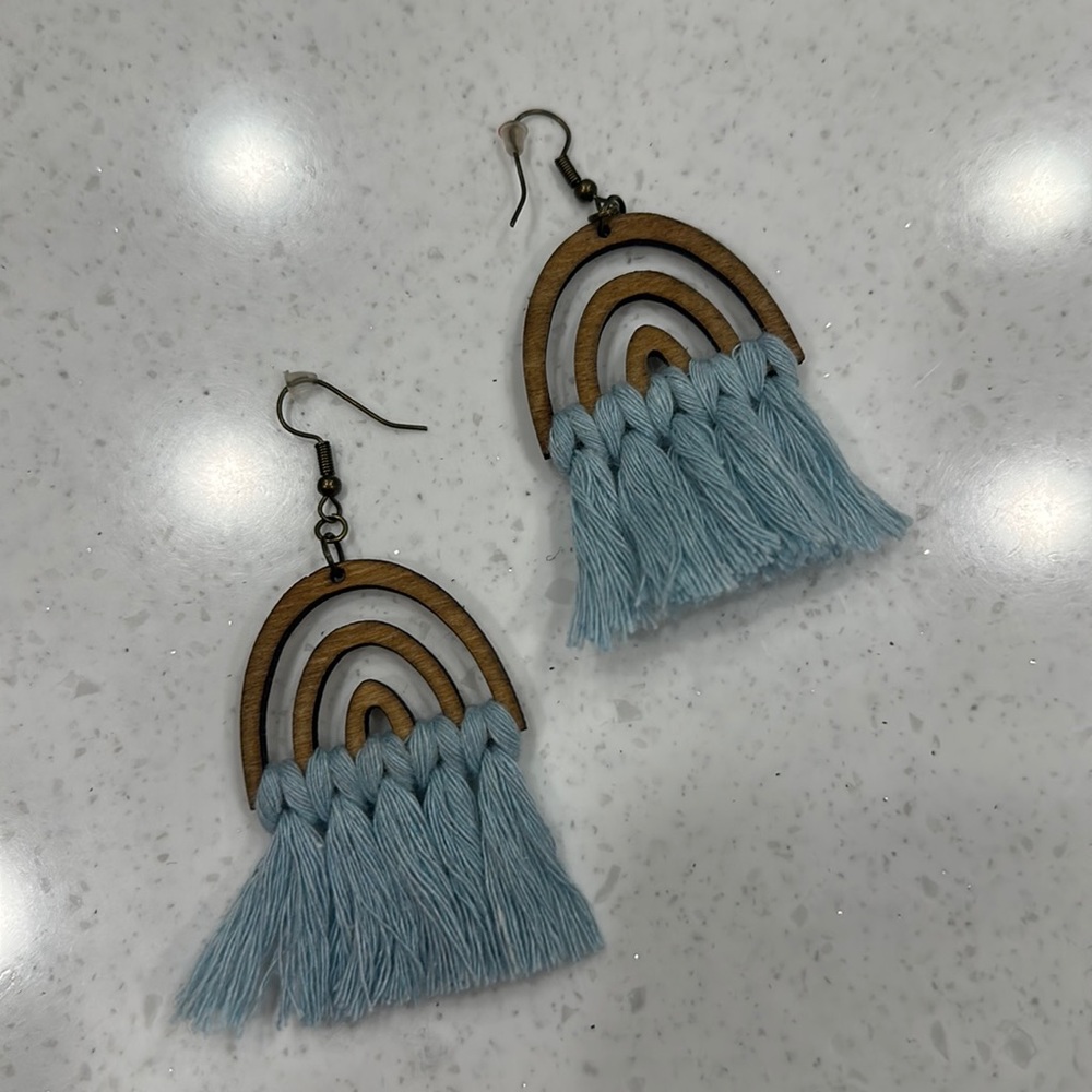 Wooden Rainbow Light Blue Tassel Earrings